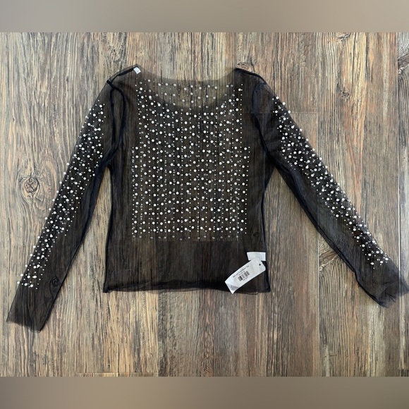 NWT Uptowne Loft Black Sheer Mesh Rhinestone Pearl Embellished L/S Top Womens XL - Picture 1 of 10